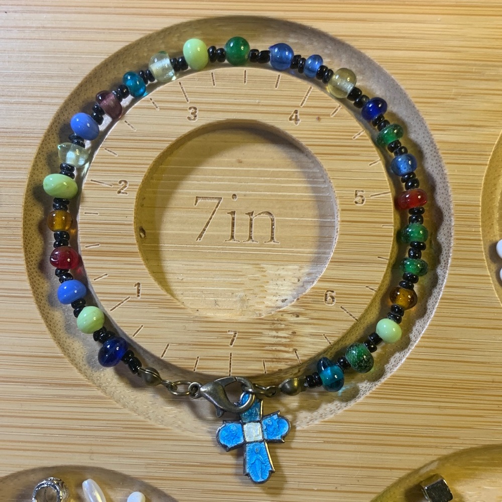 Handmade Multicolor Beaded with Blue Cross Charm 7” - Picture 3 of 4